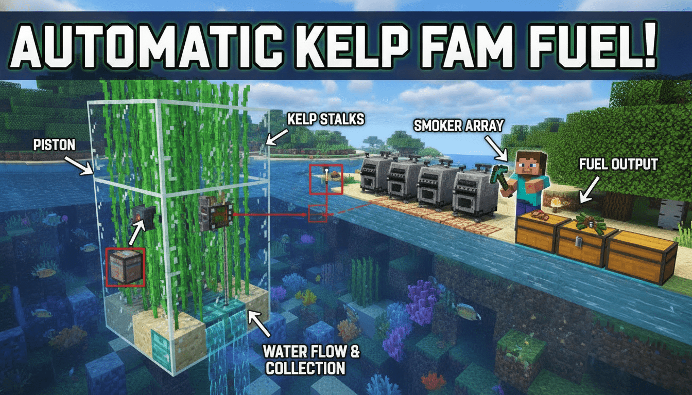 How to set up an automatic kelp farm for fuel in Minecraft