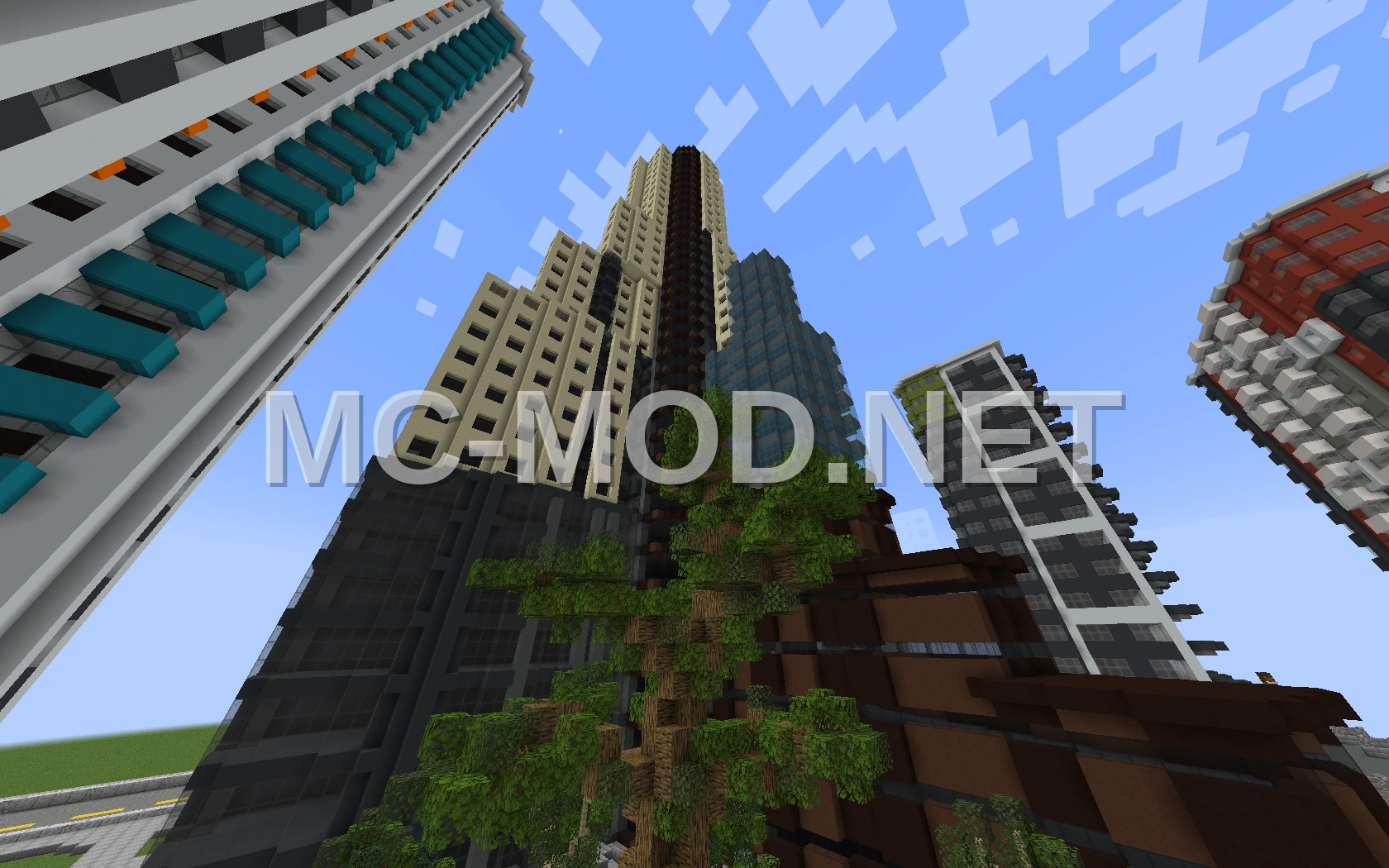 Giant City Skyscraper with Trees