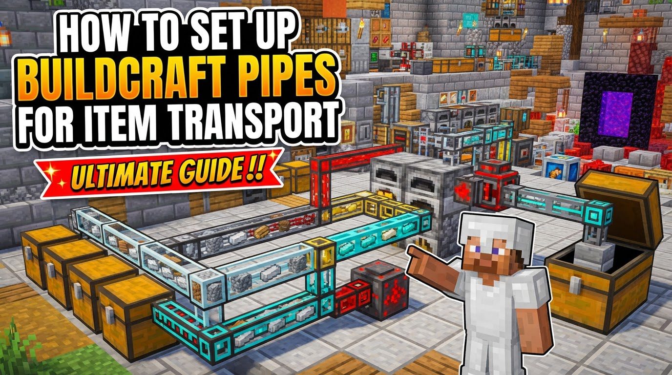 set up BuildCraft pipes for item transport in Minecraft