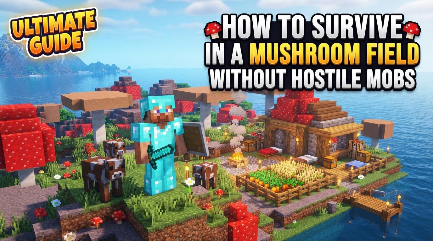 survive in a mushroom field without hostile mobs in Minecraft