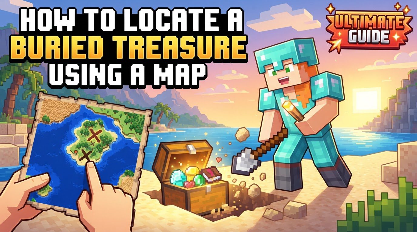 locate a buried treasure using a map in Minecraft