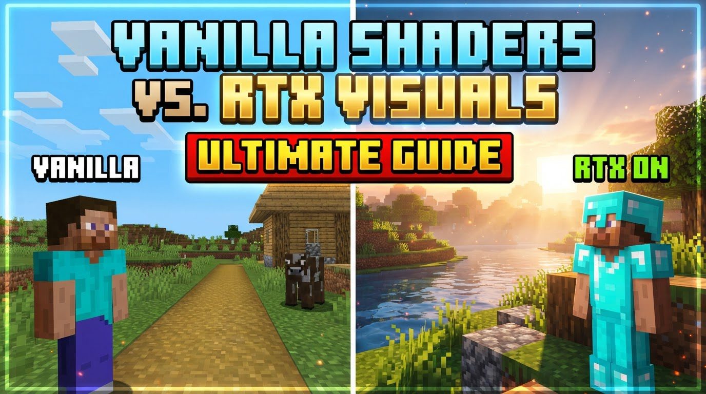 compare vanilla shaders versus RTX visuals in Minecraft
