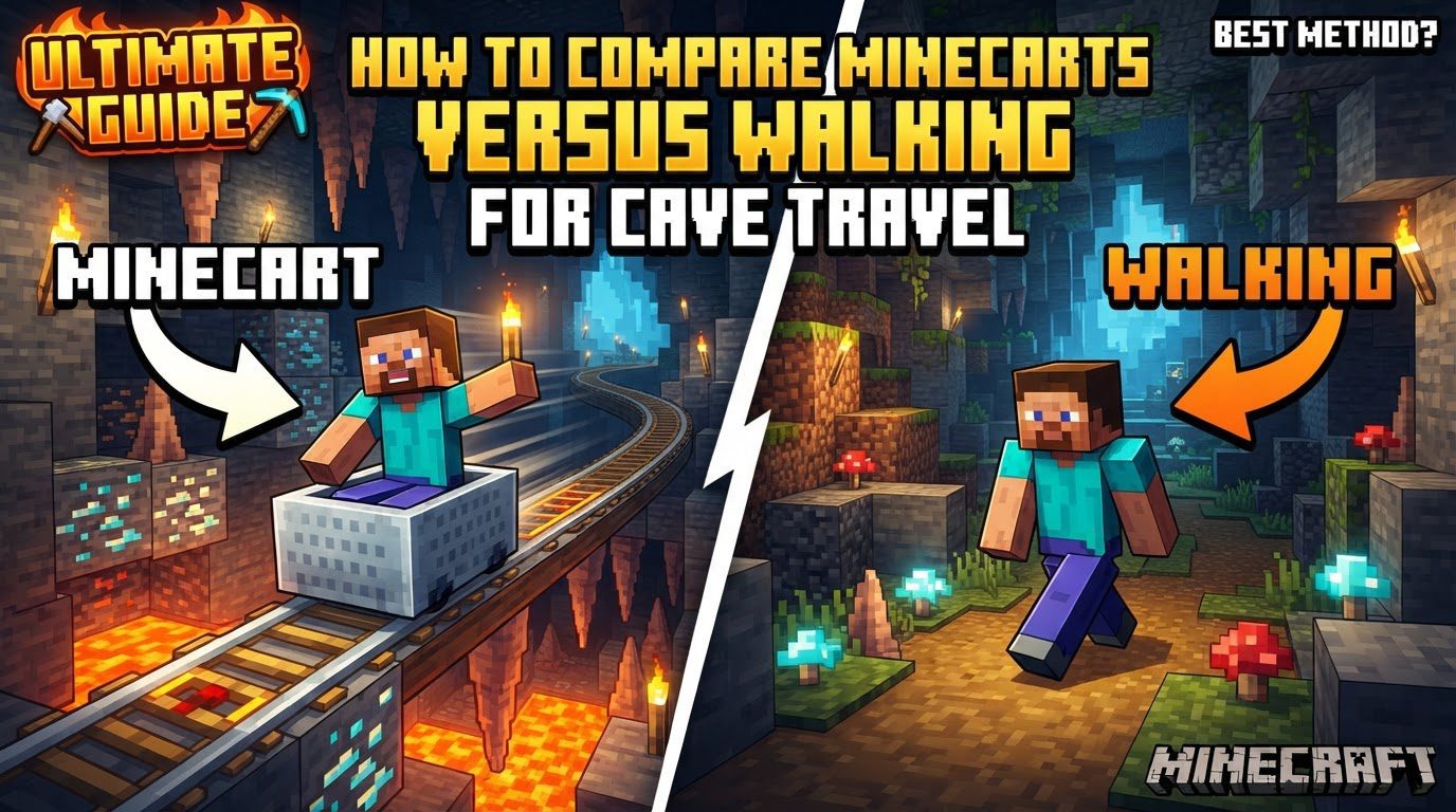 compare minecarts versus walking for cave travel in Minecraft