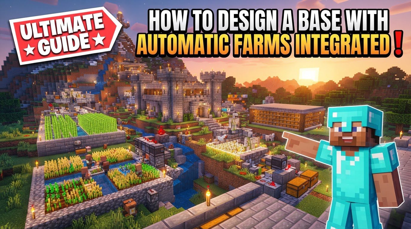 design a base with automatic farms integrated in Minecraft