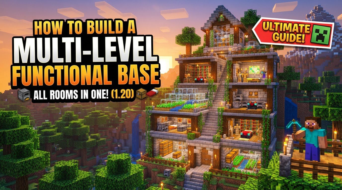 build a multi-level base with functional rooms in Minecraft