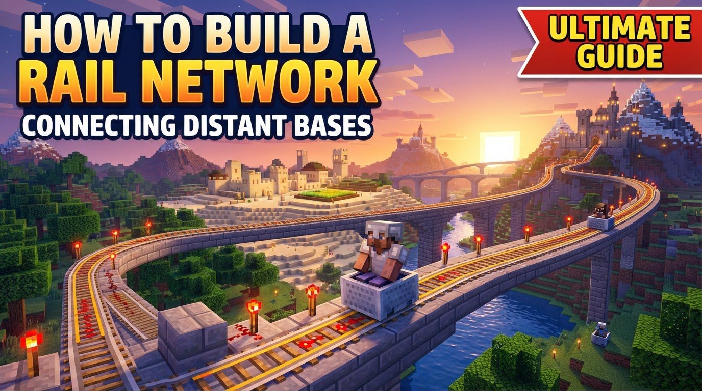 build a rail network connecting distant bases in Minecraft