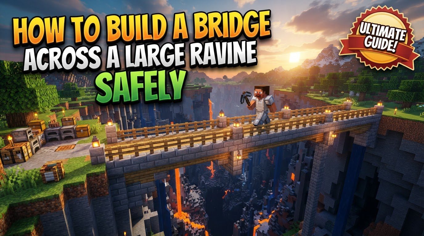 build a bridge across a large ravine safely in Minecraft