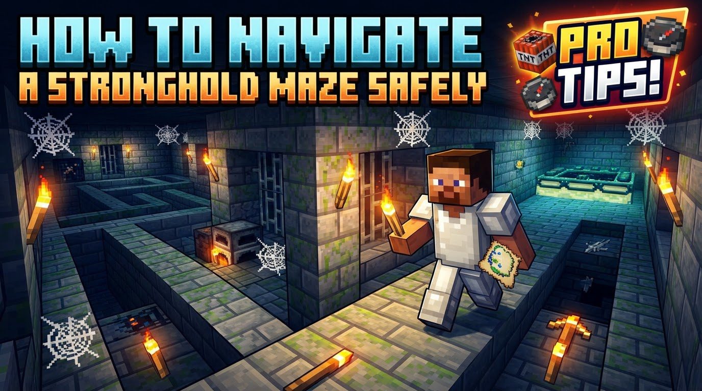 navigate a stronghold maze safely in Minecraft