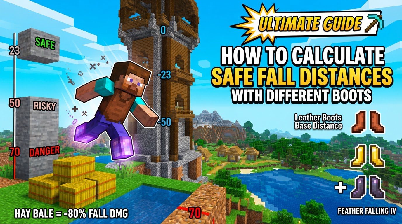 calculate safe fall distances with different boots in Minecraft