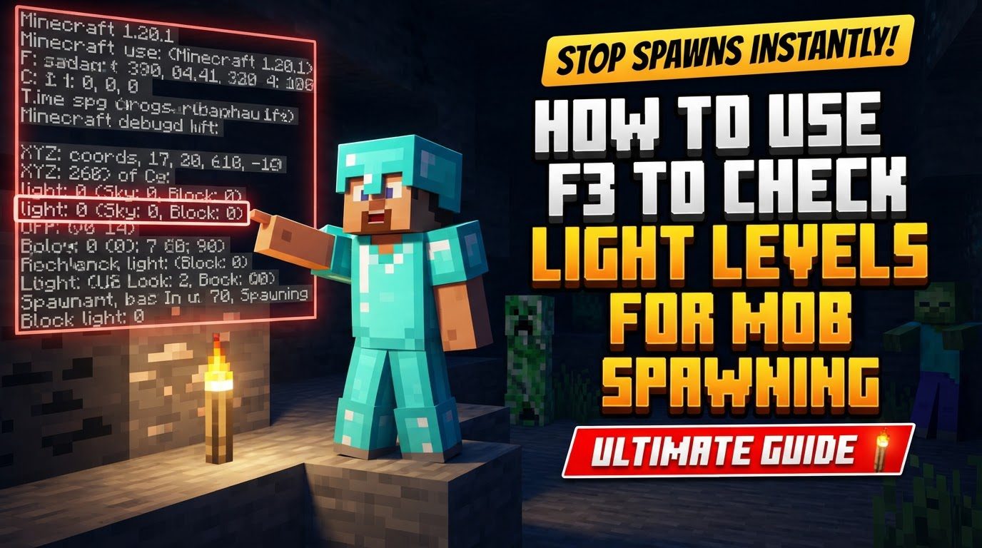 use F3 to check light levels for mob spawning in Minecraft