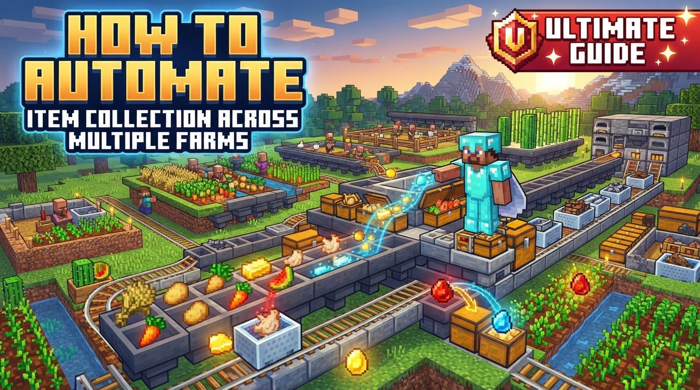 automate item collection across multiple farms in Minecraft