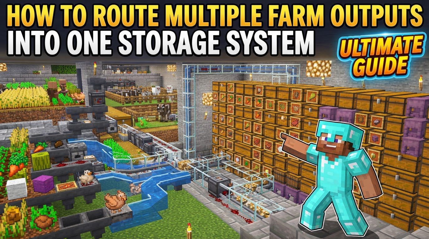 route multiple farm outputs into one storage system in Minecraft