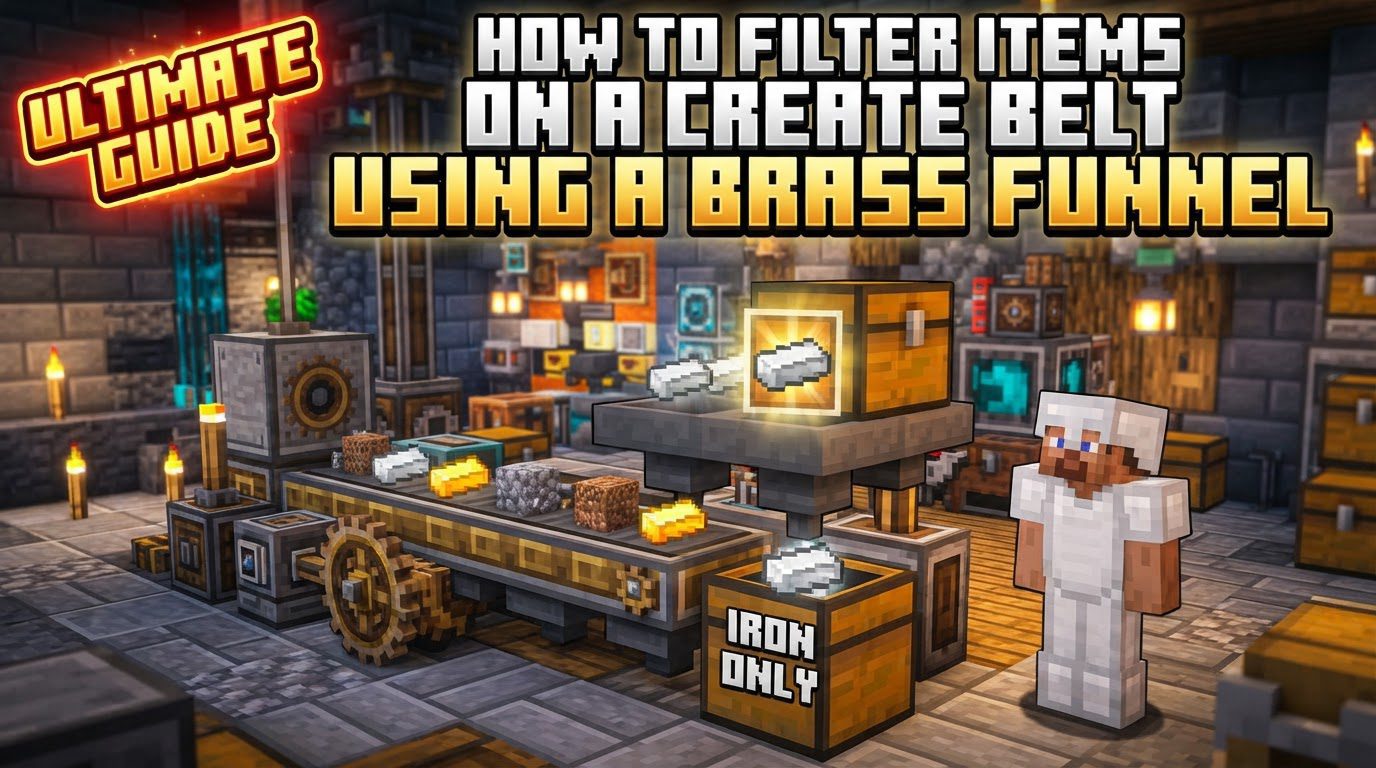 filter items on a Create Belt using a Brass Funnel in Minecraft