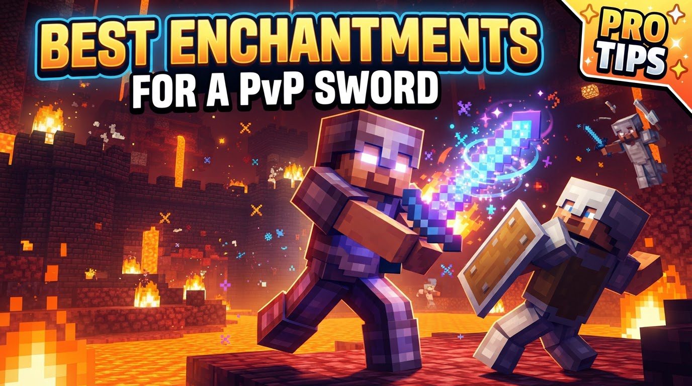 A player holding a glowing enchanted diamond sword, standing in a Minecraft PvP arena.