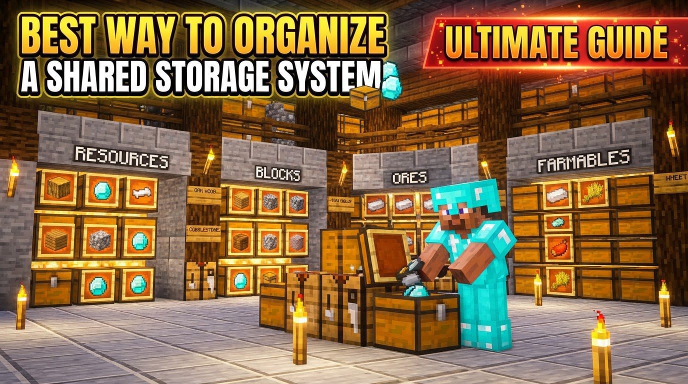 An expansive underground Minecraft base with rows of organized barrels and chests, and a large automated sorting system in the background with hoppers and redstone.