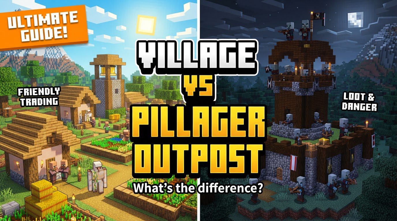 A peaceful Minecraft village with houses and villagers contrasted with a tall, dark pillager outpost watchtower in the distance.