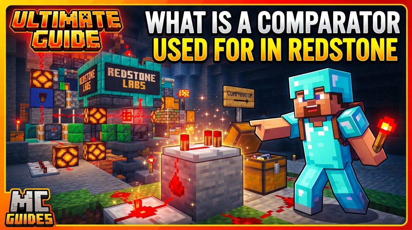 A Redstone Comparator placed on a stone block, with redstone dust leading to its inputs and output, and a chest behind its rear input.