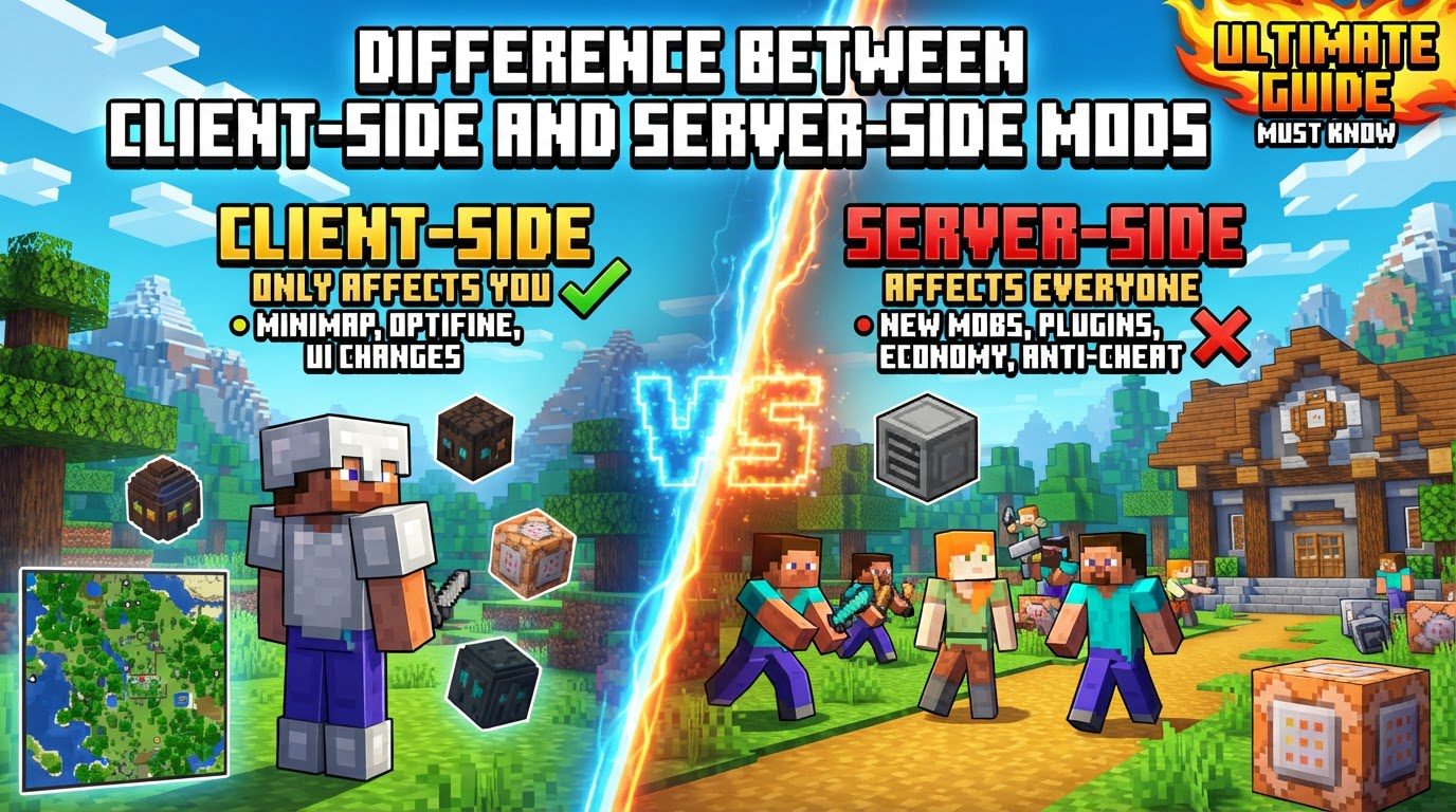 A player exploring a vibrant Minecraft world enhanced by client-side shaders, while a server-side mod adds new unique blocks to the landscape.