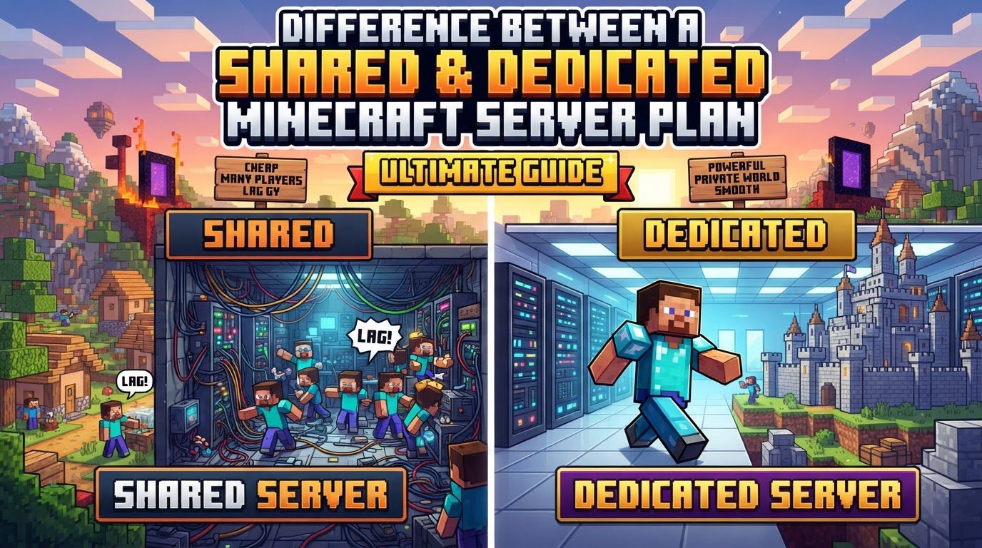 A split image showing two Minecraft server setups. On one side, a crowded server rack with many small servers, representing shared hosting. On the other side, a single, powerful server machine glowing, representing dedicated hosting.