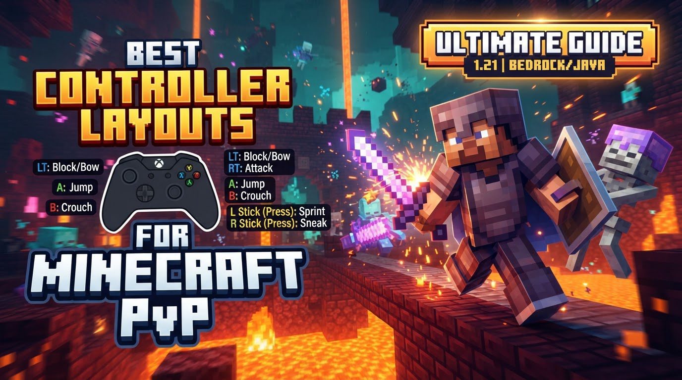 A player in Minecraft PvP, mid-combat, aiming with a sword while simultaneously jumping and building, demonstrating fluid controller movement.