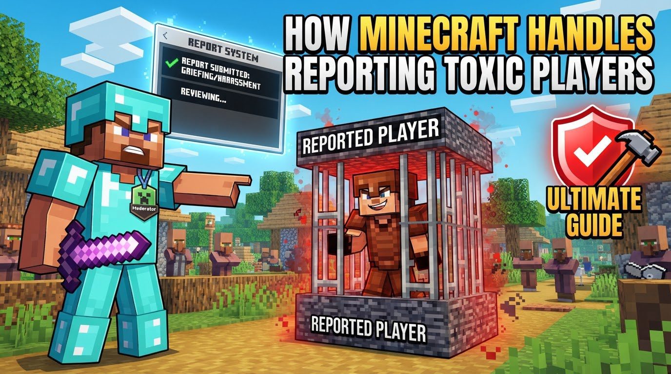 A group of Minecraft players standing together, one player is accessing the social interactions screen with a report option highlighted, against a backdrop of a bustling multiplayer server.