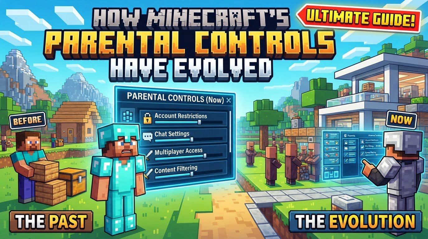 A parent and child sitting together, looking at a computer screen displaying Minecraft, with a subtle overlay of family safety settings icons.
