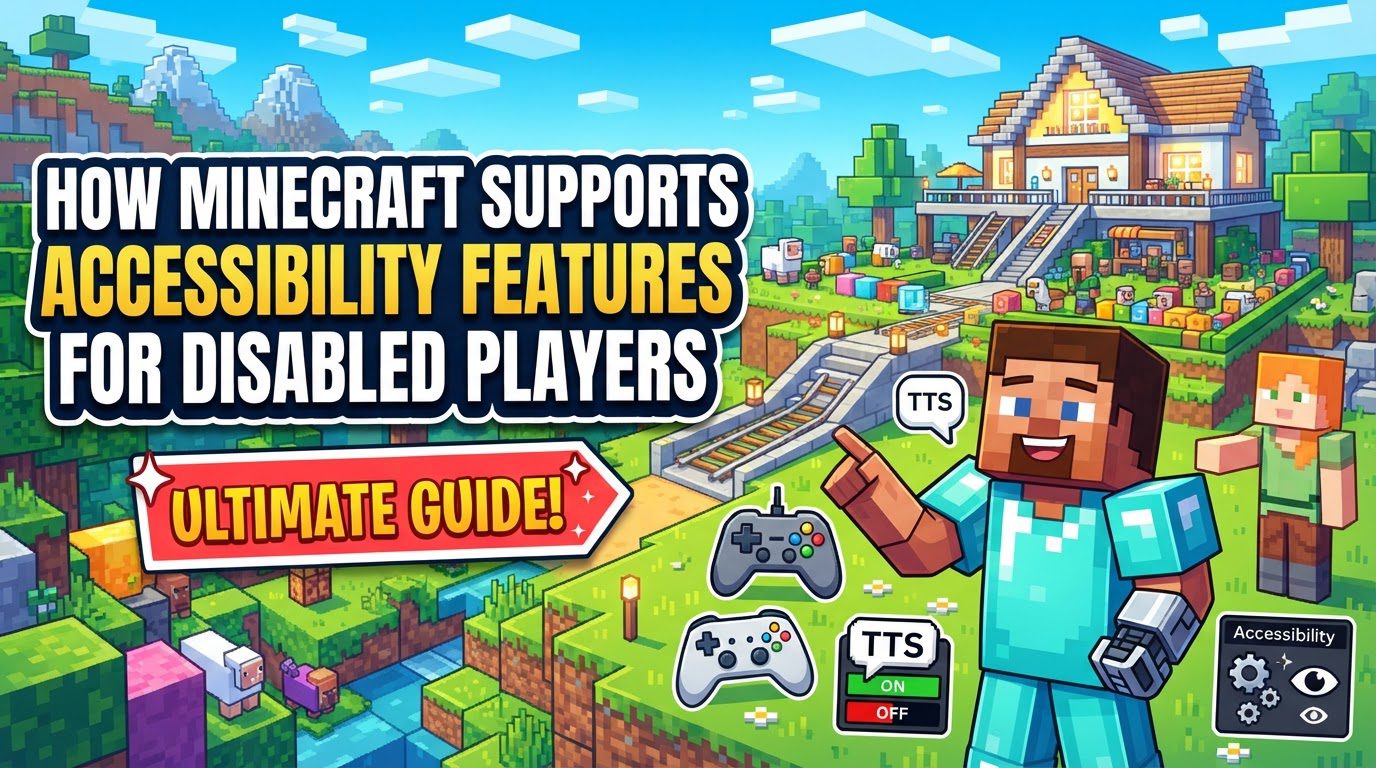 A player character stands in a vibrant Minecraft world, with an open accessibility settings menu superimposed over the scene, showing various options like narrator and subtitles.
