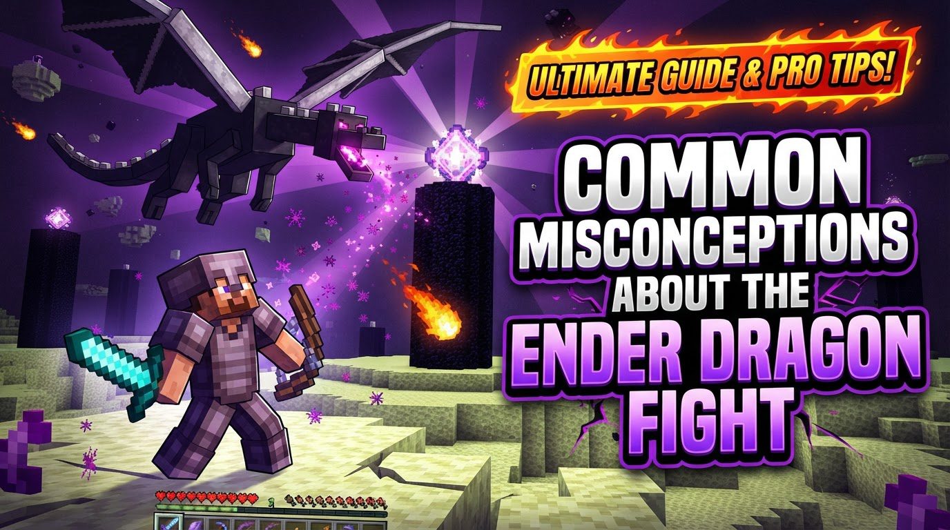 A player in enchanted diamond armor aiming a bow at an Ender Crystal on an obsidian pillar, with the Ender Dragon flying in the background.