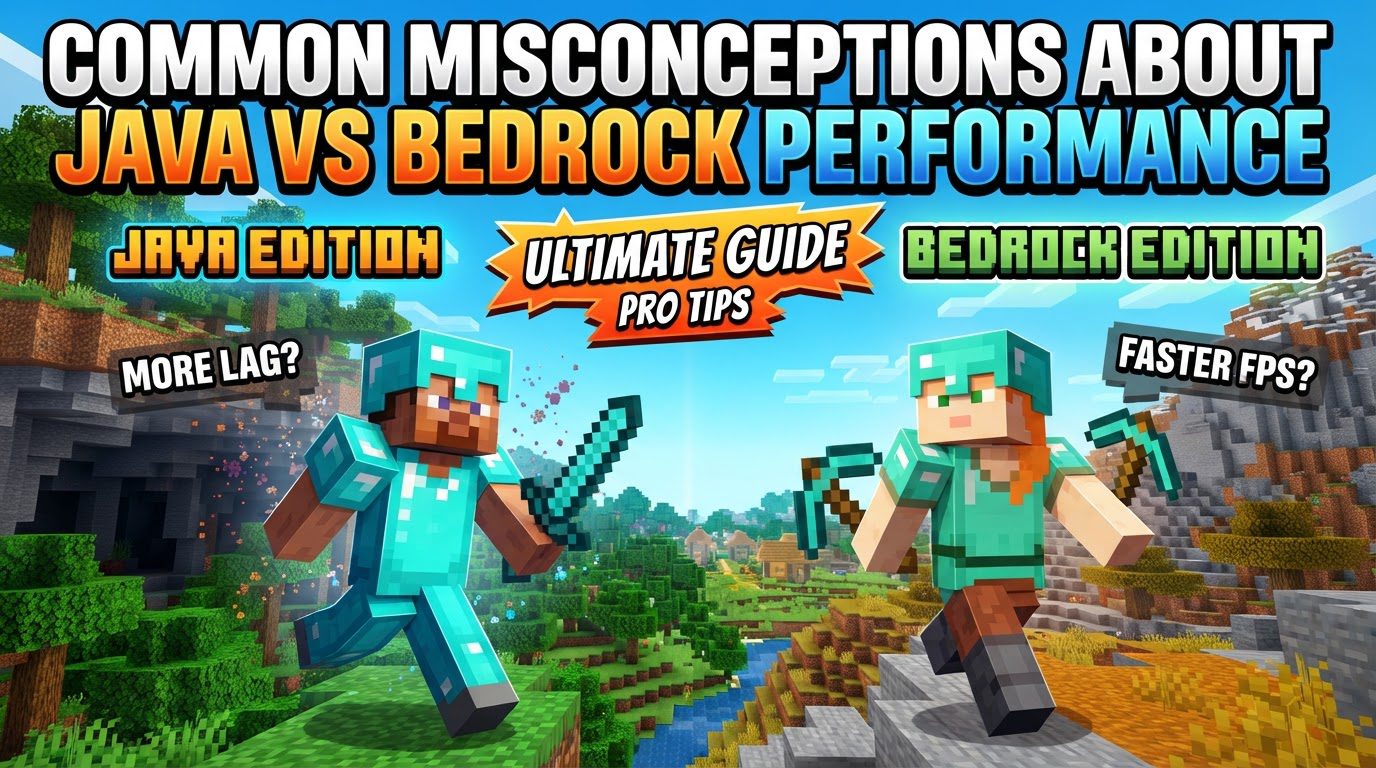 A split screen showing a Java Edition world with a complex Redstone contraption and a Bedrock Edition world with a simpler Redstone setup, highlighting their different complexities.