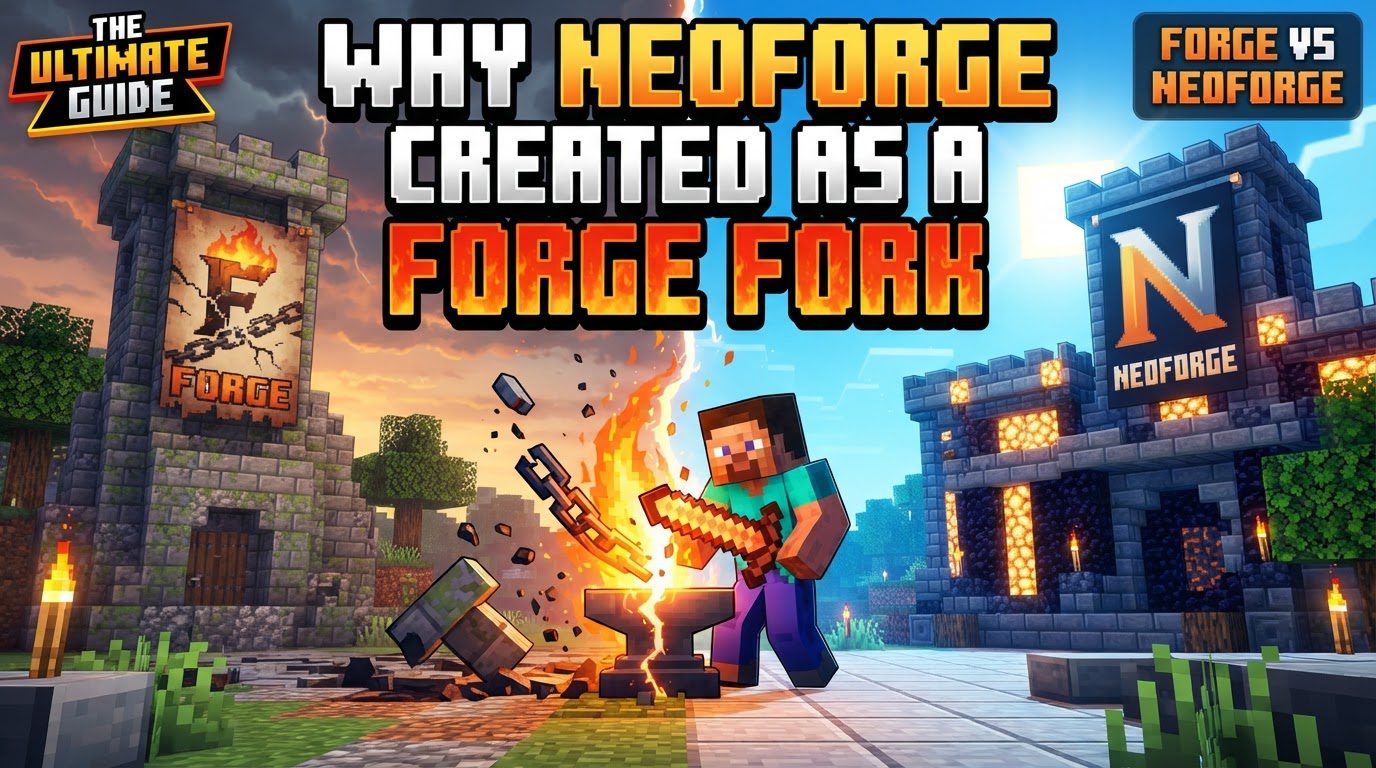 A stylized logo of NeoForge, featuring a gear and a spark, against a background of abstract Minecraft blocks.