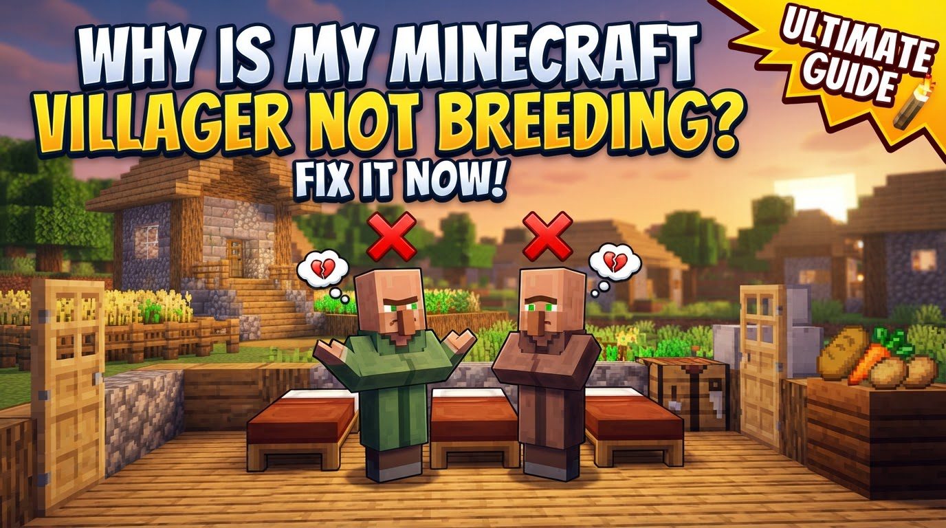 Two Minecraft villagers surrounded by bread and carrots, with heart particles above their heads, standing near multiple beds in an enclosed area.