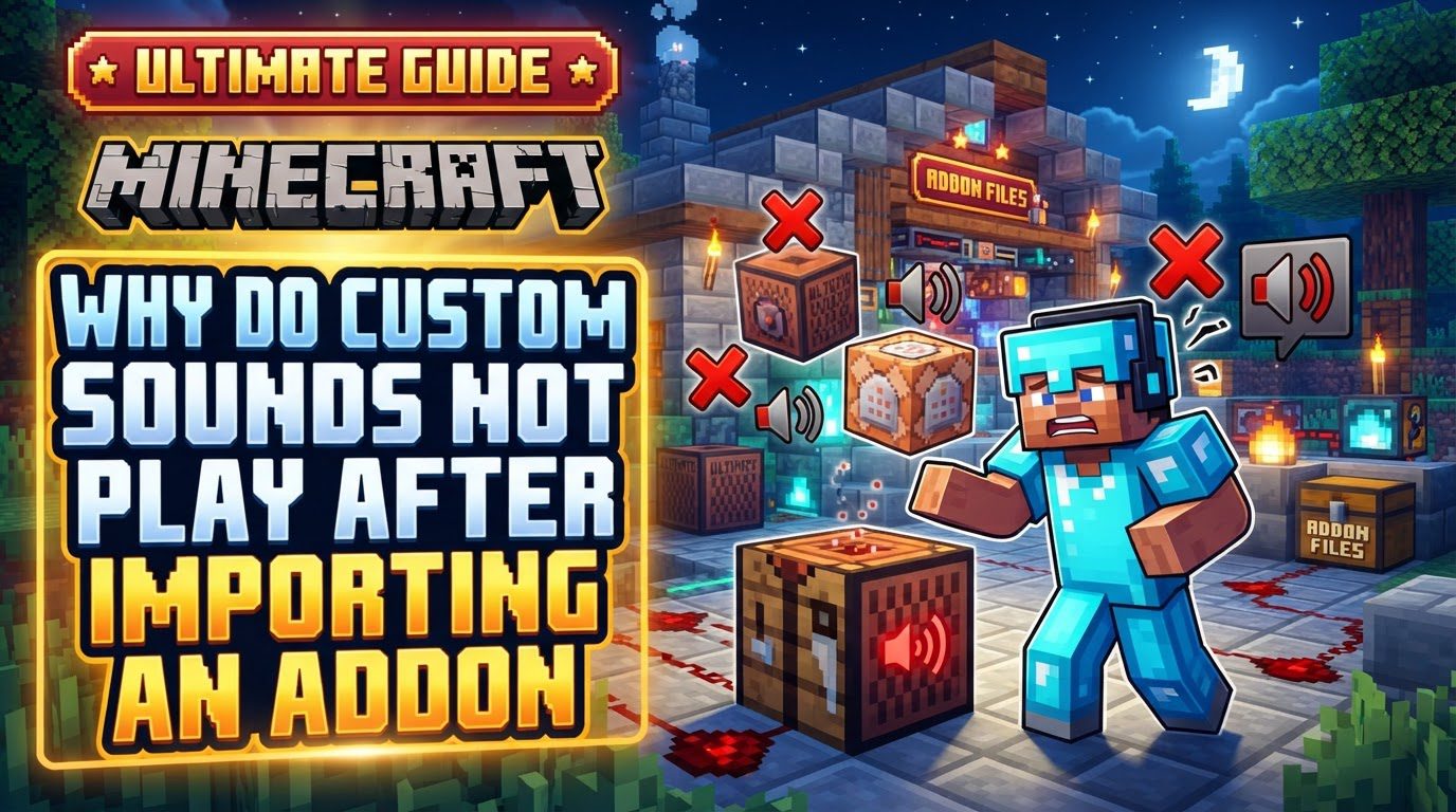 A player character standing in a Minecraft world, holding a pickaxe, with a speech bubble above their head indicating a custom sound is playing.