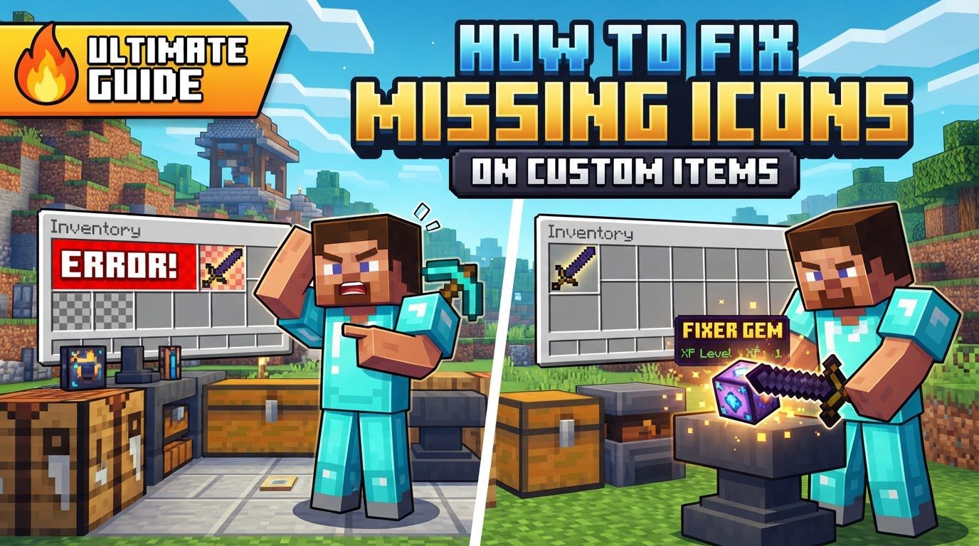 A player holding a custom sword in Minecraft, its icon perfectly rendered in the inventory slot, contrasting with a black and purple checkerboard block in the background representing a failed texture load.
