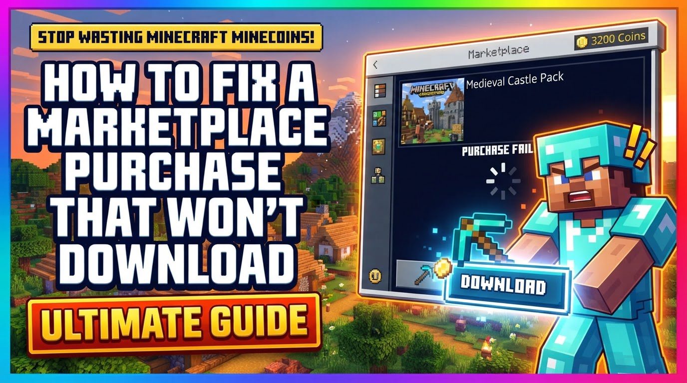 A frustrated Minecraft player looking at a computer screen showing a stuck download progress bar in the Minecraft Marketplace.