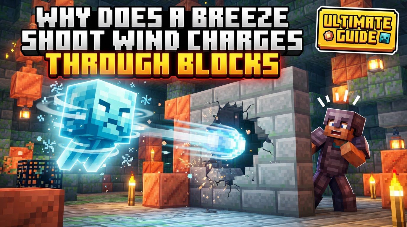 A Minecraft Breeze mob floating in a dark trial chamber, firing a glowing blue Wind Charge towards a stone wall.