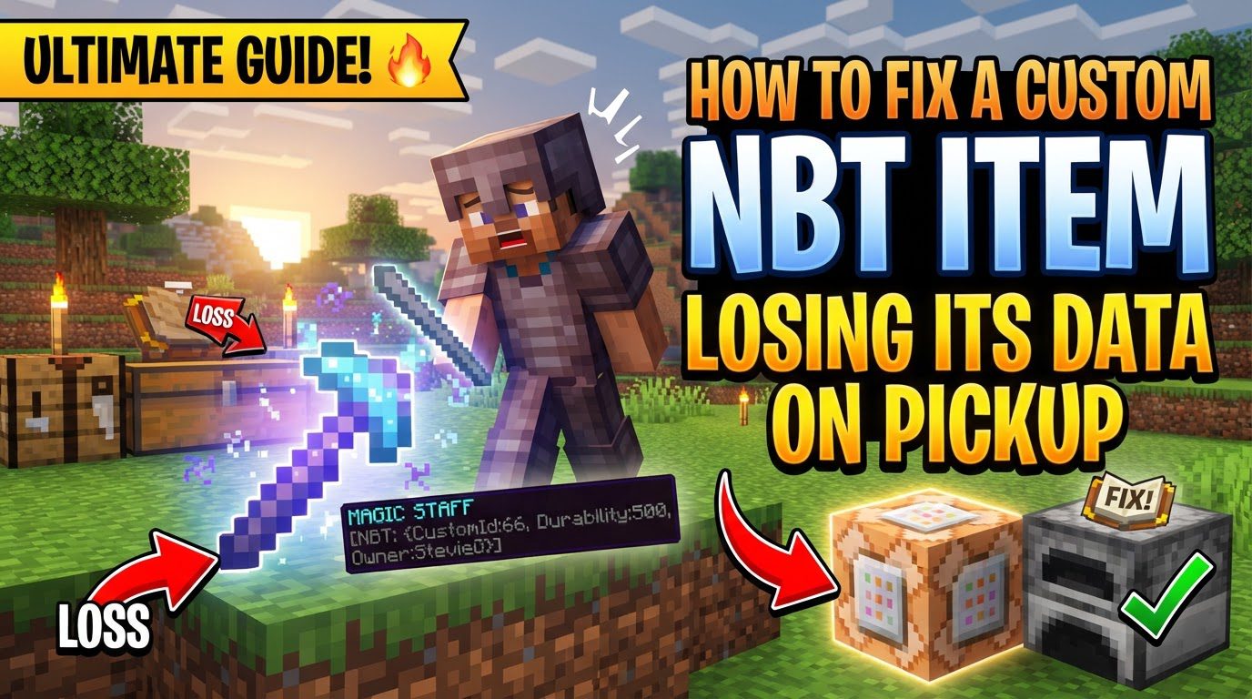 A developer's screen showing Minecraft inventory with advanced tooltips enabled, displaying complex NBT data on a custom item.