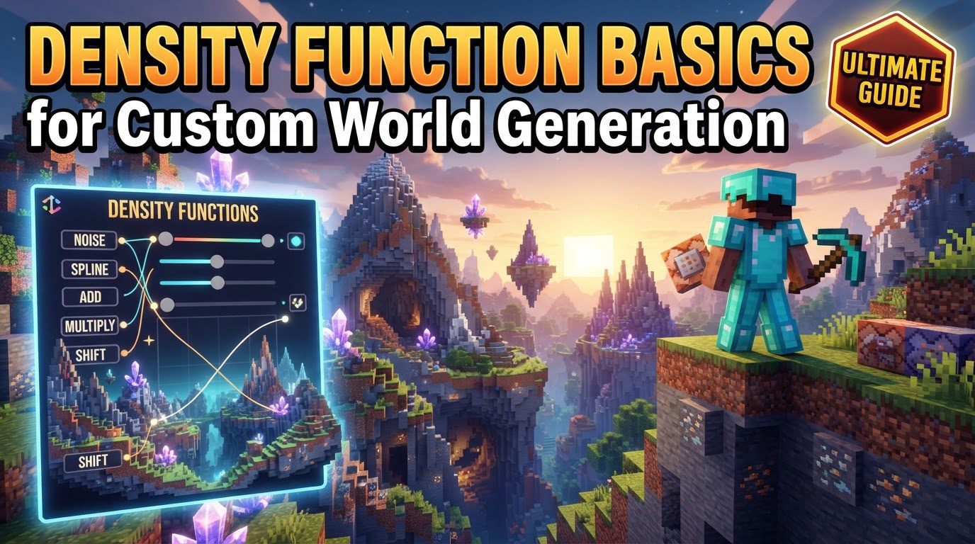 A complex, procedurally generated Minecraft landscape featuring towering mountains, deep valleys, and intricate cave systems, showcasing the power of density functions.