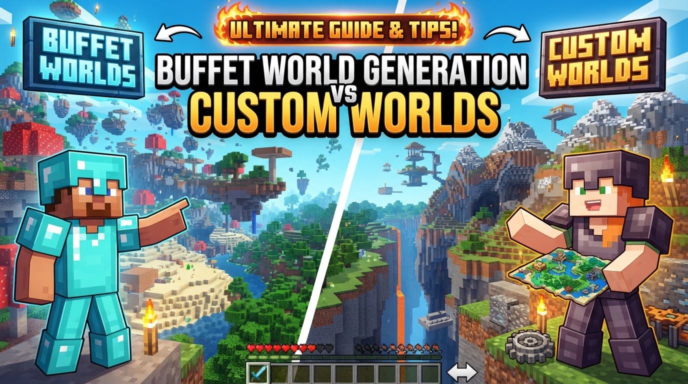 A split image showing two distinct Minecraft landscapes: one, a vast, uniform desert generated by Buffet mode, and the other, a highly customized, chaotic world with extreme terrain, floating islands, and unusual features, characteristic of Old Customized Worlds.