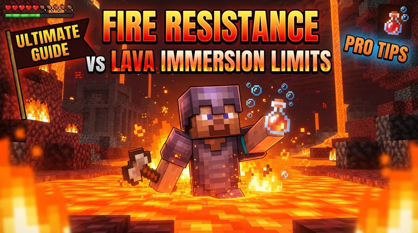 A player character, glowing with a potion effect, swimming calmly through a vast lava lake in the Nether, with Netherite armor visible.