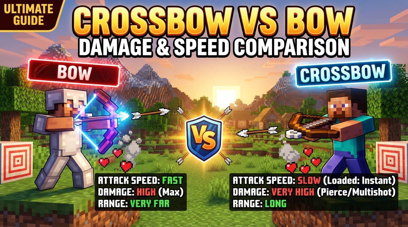 A Minecraft player stands between a Bow on the left and a Crossbow on the right, aiming at a target in the distance.