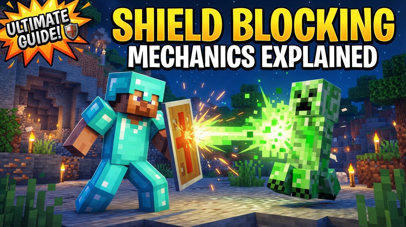 A player in diamond armor holding a shield, successfully blocking an arrow shot by a skeleton in a dark cave.