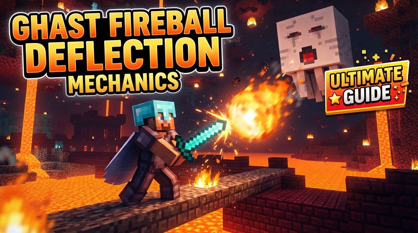 A player in the Nether deflecting a Ghast fireball with a sword, sending it back towards the Ghast.