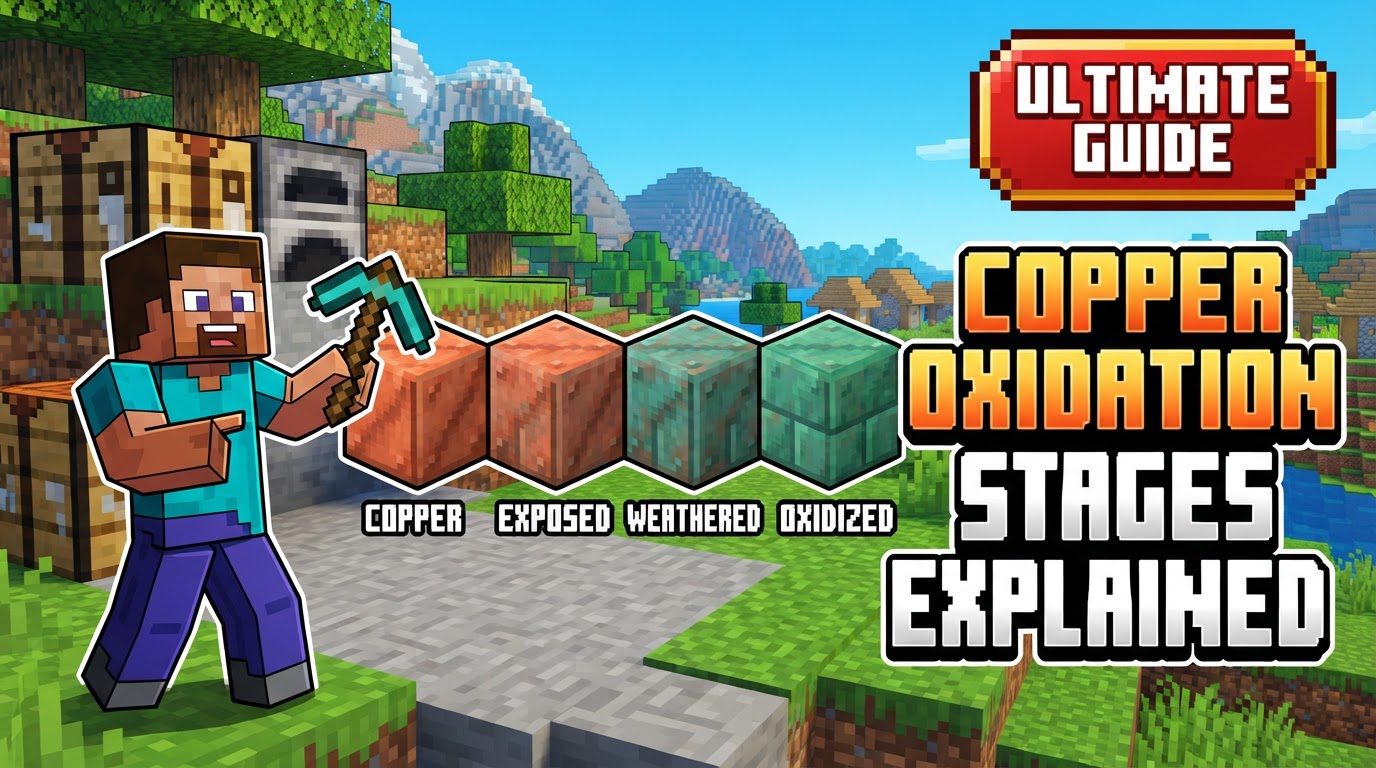 A grand Minecraft build featuring a mix of copper blocks at all four oxidation stages, from bright orange to full green, with some sections clearly waxed and others showing the natural progression.
