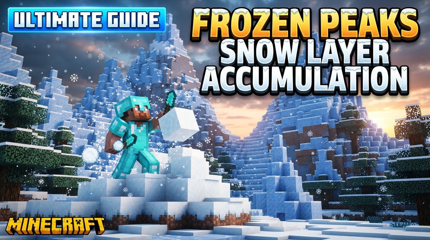 A player standing on a snowy mountain path, looking towards a lit cabin with a clear roof, surrounded by accumulating snow.