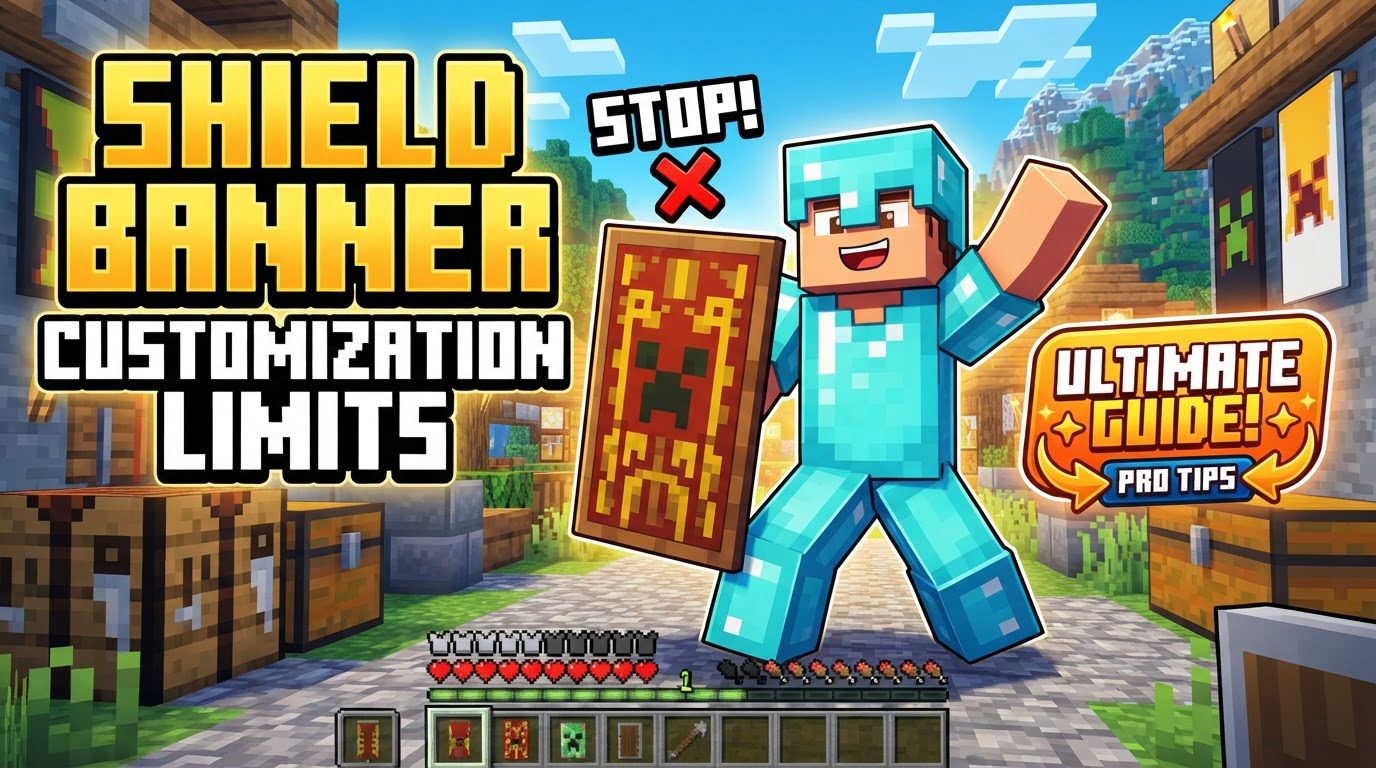 A player character holding a customized shield with a unique banner design in a Minecraft world.