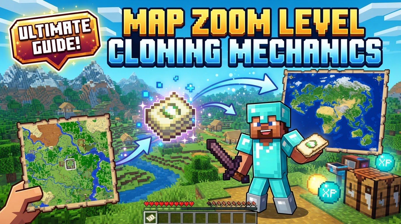 A player standing in front of a large map wall displaying a tiled, zoomed-out view of their Minecraft world.