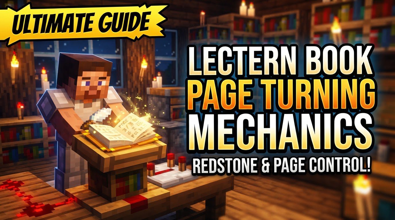 A player turning a page on a lectern, with a Redstone Comparator attached, sending a signal to light up a series of Redstone lamps.