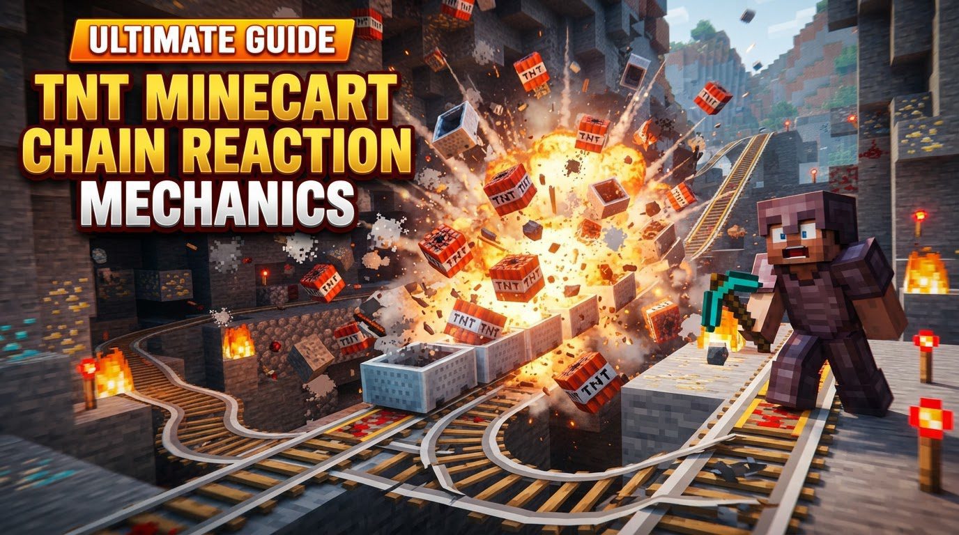Multiple TNT Minecarts stacked tightly on a rail section, with a redstone-powered activator rail directly beneath them, ready to explode.