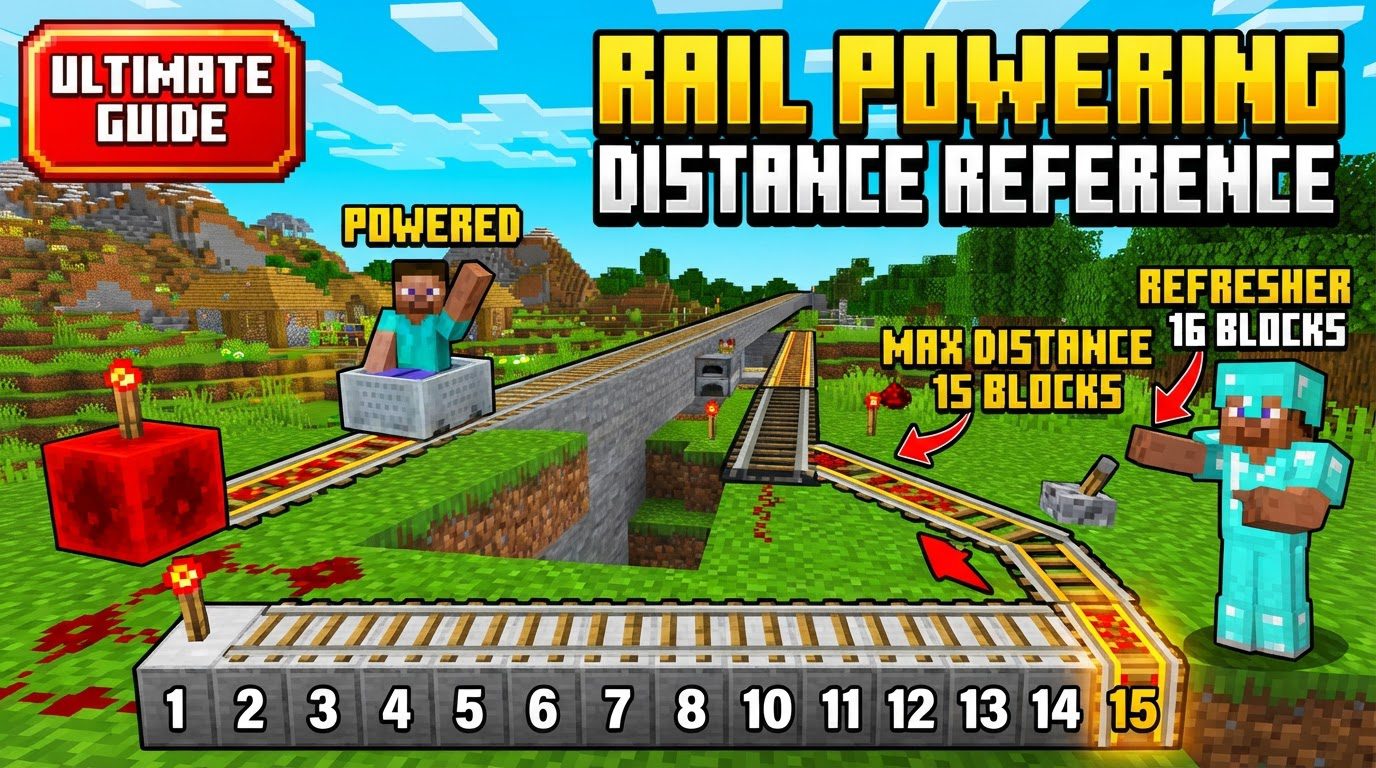 A minecart speeding along a long, straight powered rail track under a bright sky.