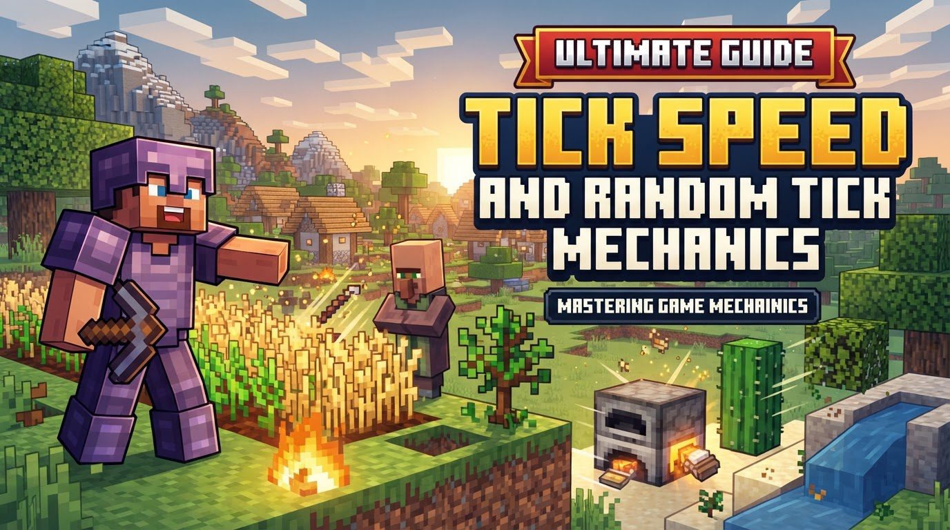 A lush Minecraft farm with various crops growing, surrounded by Redstone contraptions and a player monitoring a debug screen with performance statistics.